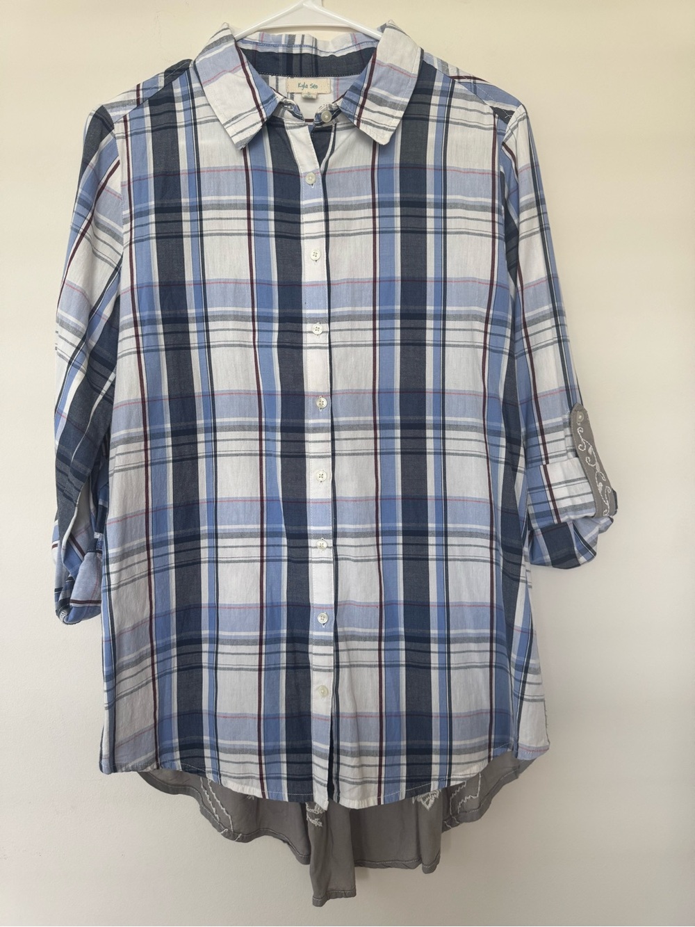 Kyla Seo Blue Plaid Gray Floral Embroidered Back Boho Sz S